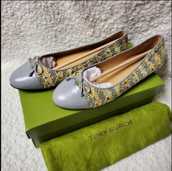 Tory Burch Tweed & Leather Cap-Toe Ballet Flats